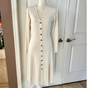 Lucky Brand DRESS Cream Button-Down Ivory Ribbed Body Con long sleeve